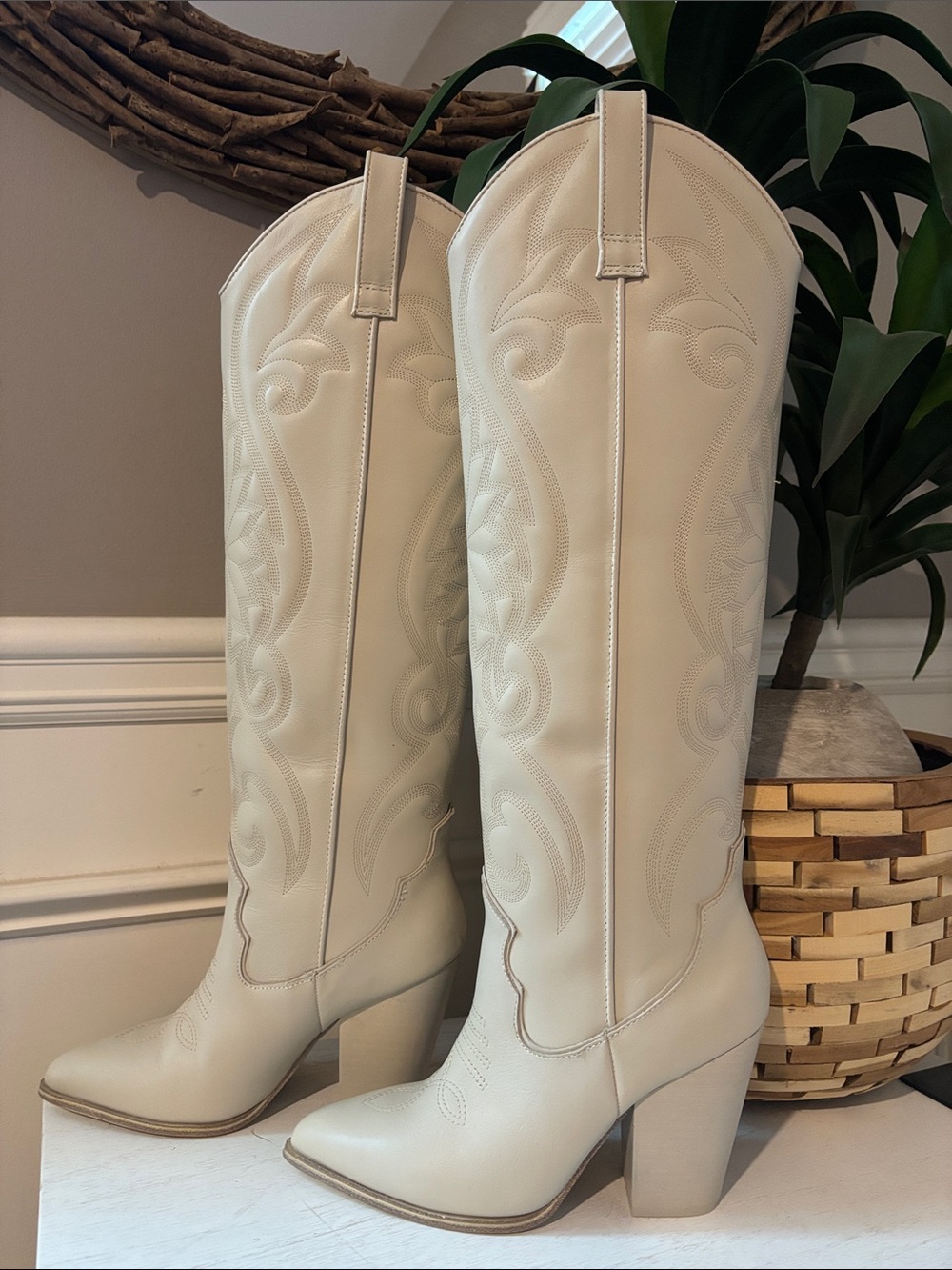 Steve Madden Cream Knee-High Western Boots with Block Heel - Picture 13 of 16